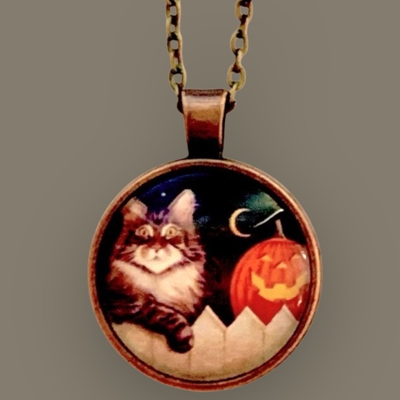 Alaska wild Rose designs Jewelry - Cat and Pumpkin Jack O Lantern Pendant Necklace Handmade Halloween